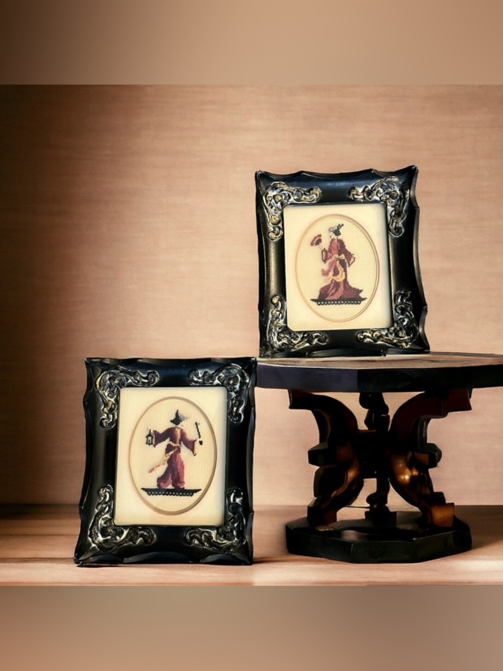 Vintage Set of 2 Japanese Embroidery Lady & Samurai Matted and Framed Pictures